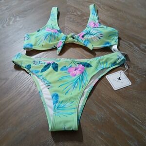 NWT Kamoni Bikini Green Floral Print Scoop Neck Bowknot Front   Sz L